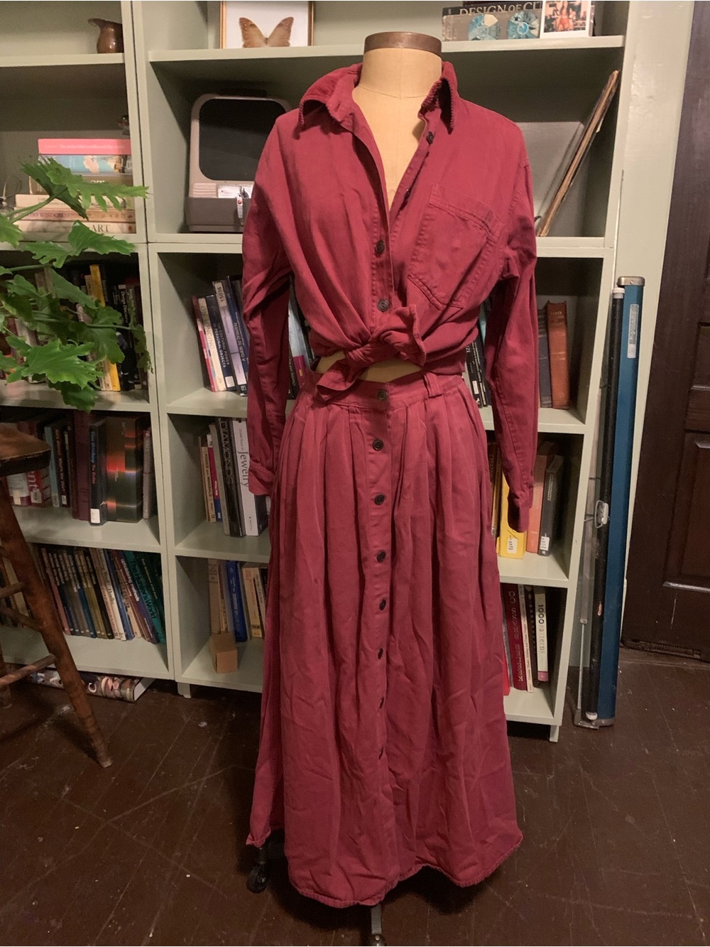 Adia Burgundy button up Shirt and Skirt Set with corduroy collar